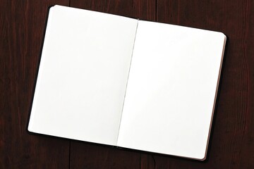 Open blank notebook on a dark wooden table, top view