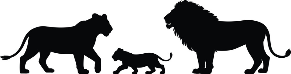 Lion family silhouette illustration, male female cub design, wildlife unity concept, animal kingdom bond, safari nature art, parental protection scene, majestic feline trio ©  BAKKOR