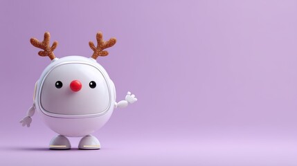 Obraz premium A cute, round robot character with reindeer antlers and a red nose, waving against a soft purple background, cute Christmas robot