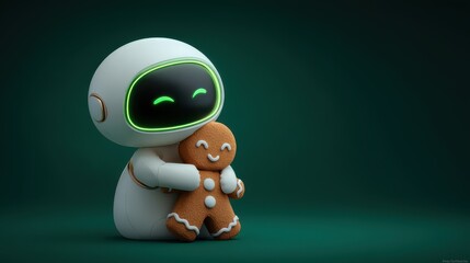 A cheerful robot hugs a gingerbread cookie, showcasing a playful and heartwarming interaction in a whimsical, digital environment, cute Christmas robot