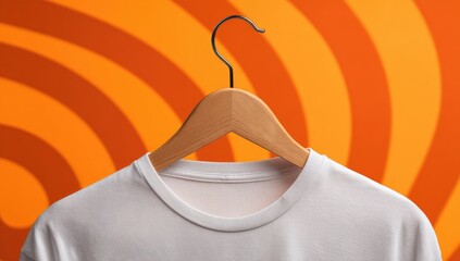 A plain white crew-neck t-shirt hangs on a light brown wooden hanger against a vibrant orange and brown swirling backdrop