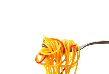A fork twirling spaghetti against a white background,  spaghetti,  italian
