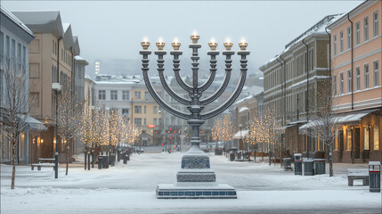 Large outdoor menorah covered with snow in a winter city square.