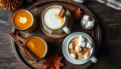 Thanksgiving Cozy Drinks Flat Lay with Pumpkin Spice Latte and Hot Chocolate