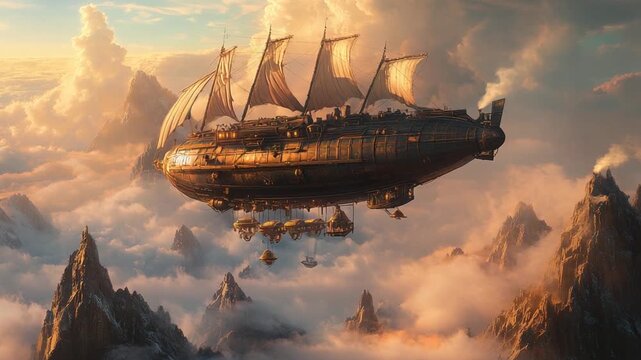 Airship Sailing Through the Clouds Above Mountains.