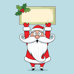 Cartoon Santa Claus with a surprised face holding a blank sign decorated with holly.