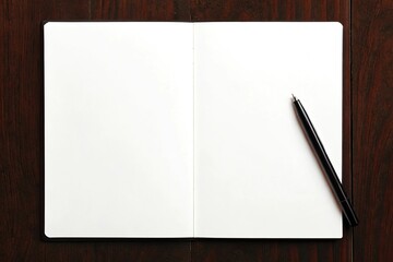 Open blank notebook with pen on a dark wooden surface