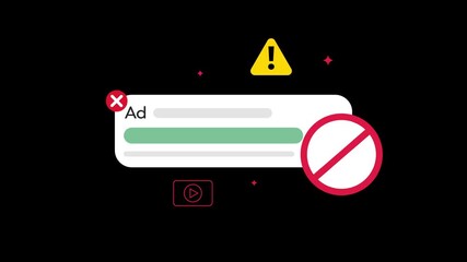 Colorful small ad blocking infographics illustration 4k animation with ban, warning and alert shapes