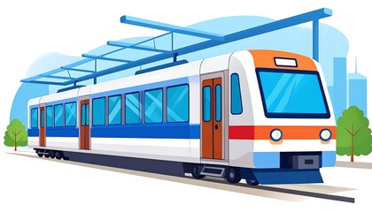 Cartoon train on tracks, city background