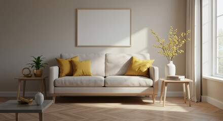 Sunny Minimalist Living Room Interior with Beige Sofa, Yellow Pillows, Blank Frame, and Natural Light