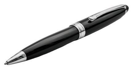 Black Ballpoint Pen with Silver Accents on Transparent Background