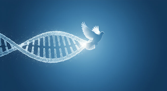 A dove of peace emerging from a glowing DNA double helix against a blue background.