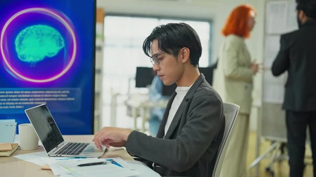 Business professional concentrates in coworking space leveraging AI powered virtual assistant and realtime big data analytics on laptop display for hyper automated workflow intelligence optimization