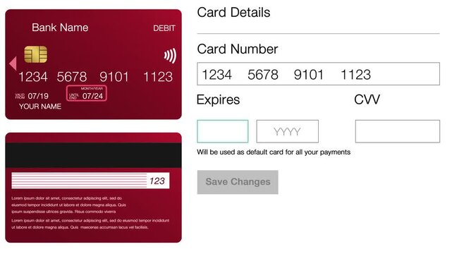 Credit and Debit card details entering process 4k Animation. How to, credit, debit, card information, atm, online payment