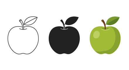 Green apple icon set minimalist vector illustration in outline solid and flat styles isolated on white background