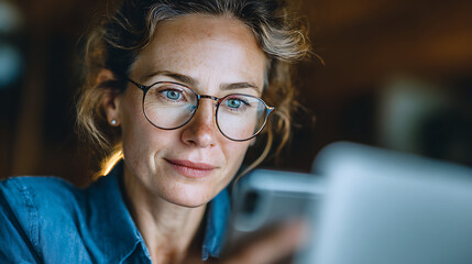 Woman with freckles wearing glasses smiling while looking at a smartphone with a laptop nearby happy