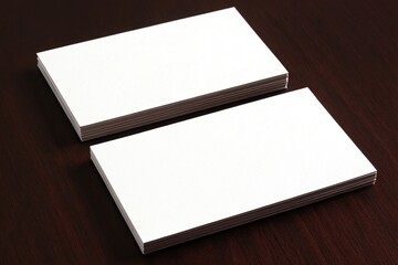 Two horizontal stacks of blank white business cards on dark surface