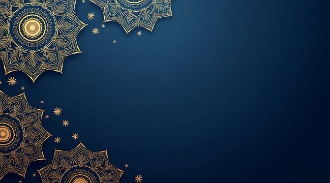 Subtle Diwali mandala background with gold accents on deep blue, elegant and minimal, ideal for invitation cards, banners, posters, and festive designs.
