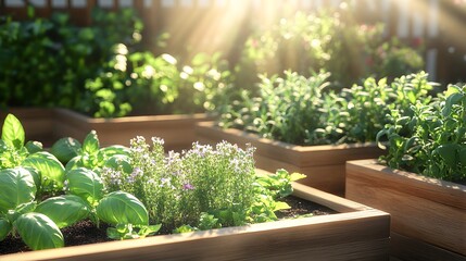 A sprawling herb garden with basil, thyme, and flowering mint basking in the sun, surrounded by wooden planter boxes 
