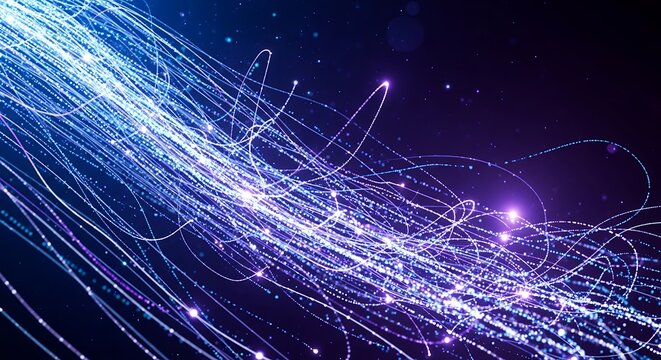 Abstract glowing light trails on dark blue background with a stream of particle. Concept for data visualization, high speed internet and communication network