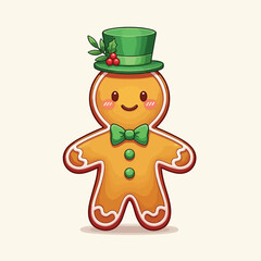 Cute Christmas gingerbread man illustration wearing a festive green top hat with holly and a bow tie.