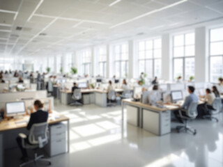 Blurred modern office background with professional employees working on computers, shallow depth of field. Ideal for business, technology, and corporate concepts