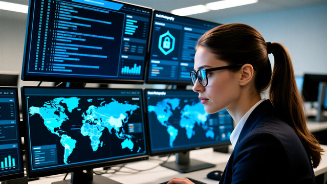 Female IT Professional Monitoring Global Cybersecurity Network On Multi Screen Dashboard