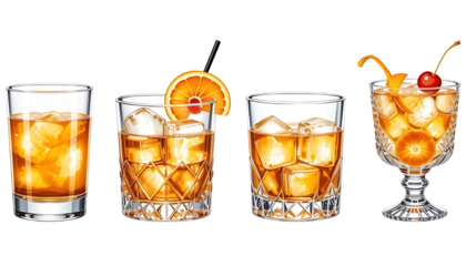  Set of Four Classic Old Fashioned and Bourbon Cocktails Isolated on Transparent Background PNG - Group of Whiskey Drinks with Orange Peel and Cherry Garnish for Bar Menu or Luxury Lifestyle Use