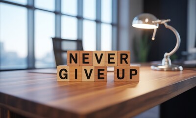 Desk with "NEVER GIVE UP" wooden block message, lamp and window backdrop