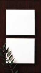 Two blank white squares on a dark wooden background with leaf