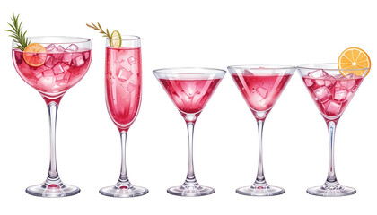 Set of Five Watercolor Pink Cocktails in Various Glasses Isolated on Transparent Background PNG - Elegant Hand-Painted Alcoholic Drinks for Wedding or Menu Design Use