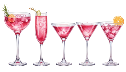 Set of Five Watercolor Pink Cocktails in Various Glasses Isolated on Transparent Background PNG - Elegant Hand-Painted Alcoholic Drinks for Wedding or Menu Design Use