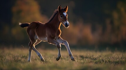 Brown Baby Foal Running Gracefully in a Golden Field