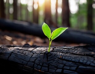 bright green sprout growing from burnt log in scorched forest symbolizing resilience and recovery in nature