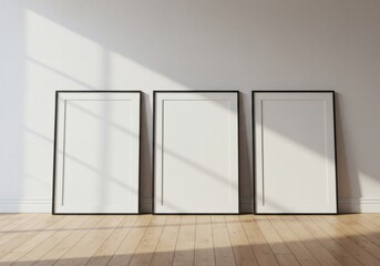 Three Blank Frames Leaning Against Wall, Natural Light, Minimalist Design.