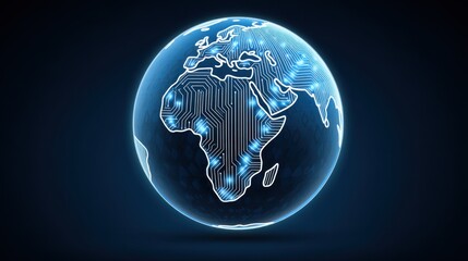 Futuristic Glowing Circuitry Globe with Network Patterns Highlighting Africa in Digital Space for Technology and Innovation Themes