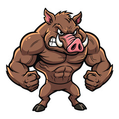 Fierce muscular wild boar cartoon mascot with an aggressive expression and large tusks.