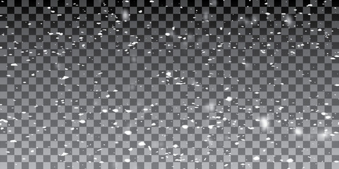 Realistic falling snow with snowflakes and clouds. Vector heavy snowfall, snowflakes in different shapes and forms. Many white cold flake elements on transparent background.