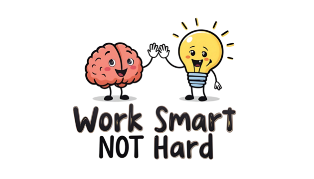 Work Smart Not Hard Slogan with Happy Cartoon Brain and Light Bulb High Five Isolated on Transparent Background PNG - Business Efficiency and Productivity Concept for Motivation Use