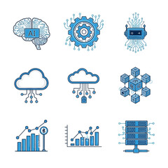Dynamic AI and technology icons showcasing innovation, data analytics, and cloud computing for modern business solutions