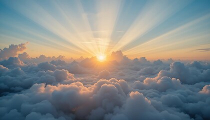 Radiant sunrise over fluffy clouds creating a beautiful skyscape with golden light