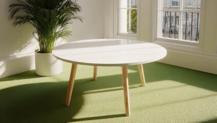Naklejka premium A round, white coffee table with light-brown legs stands on a light-green carpet in a bright room.