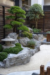 Tranquil zen garden design featuring a meticulously landscaped stone and gravel garden, with a central lantern and a lush bonsai tree.