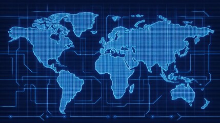 Global Digital Map with Matrix Design Featuring Blue Grid and Circuit Patterns for Technology and Geographical Visuals