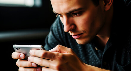 Man intensely uses his smartphone indoors. A focused portrait showcases digital engagement and connectivity. Mobile technology, modern lifestyle, digital communication.