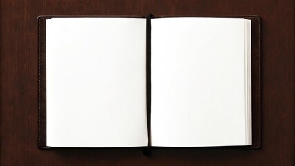 Open blank book with white pages on a dark wooden surface