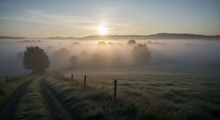 A picturesque rural road gently curves into a mystical, foggy valley, bathed in the soft, glowing light of an early morning sunrise