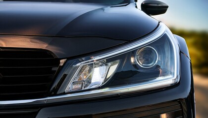 Fototapeta premium closeup on the headlight of a generic and unbranded black car