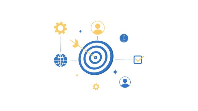 One task with multiple users connected, teamwork concept 4k animation with target hitting the dartboard