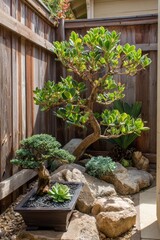 A serene Zen garden corner showcases a grouping of meticulously crafted bonsai trees and succulents nestled among natural rocks.